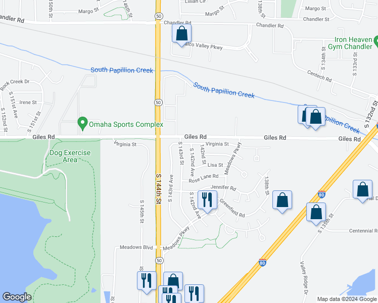 map of restaurants, bars, coffee shops, grocery stores, and more near 8410 South 142nd Avenue in Omaha
