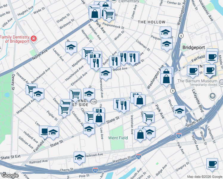 map of restaurants, bars, coffee shops, grocery stores, and more near 1046 Fairfield Avenue in Bridgeport