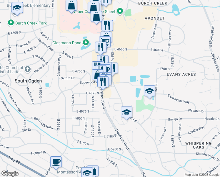 map of restaurants, bars, coffee shops, grocery stores, and more near 4821 Old Post Road in Ogden