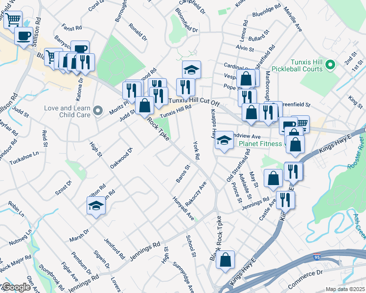 map of restaurants, bars, coffee shops, grocery stores, and more near 1265 Black Rock Turnpike in Fairfield