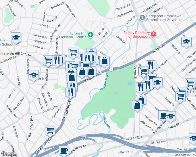 map of restaurants, bars, coffee shops, grocery stores, and more near 3 Pierce Street in Fairfield