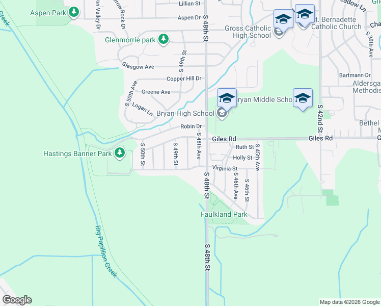 map of restaurants, bars, coffee shops, grocery stores, and more near 8405 South 48th Terrace in Omaha