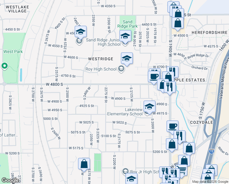 map of restaurants, bars, coffee shops, grocery stores, and more near 2617 West 4850 South in Roy