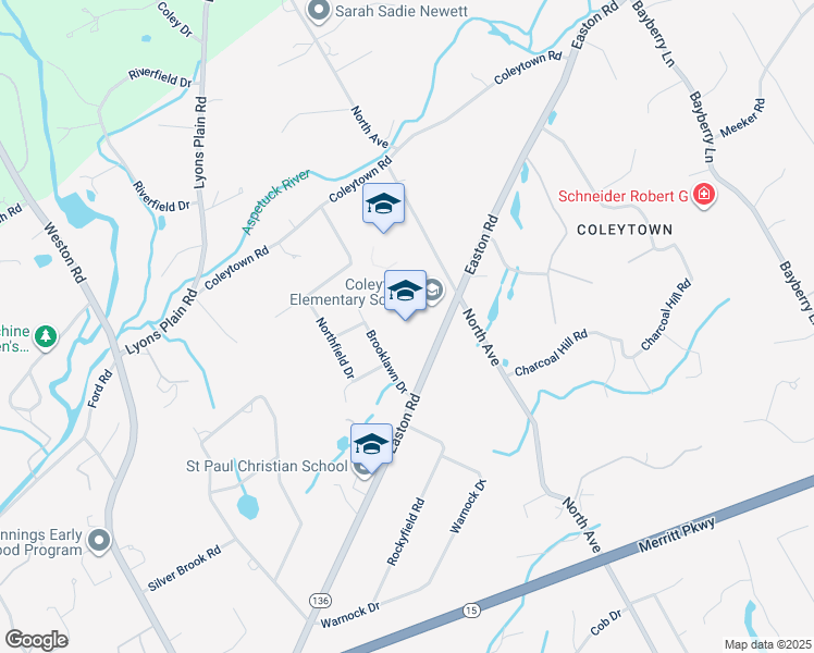 map of restaurants, bars, coffee shops, grocery stores, and more near 65 Easton Road in Westport