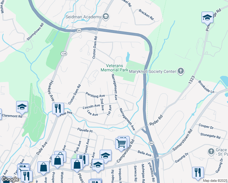 map of restaurants, bars, coffee shops, grocery stores, and more near 47 Narragansett Avenue in Ossining