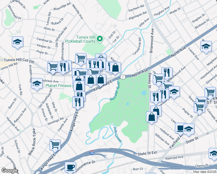 map of restaurants, bars, coffee shops, grocery stores, and more near 3 Pierce Street in Fairfield