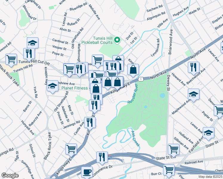map of restaurants, bars, coffee shops, grocery stores, and more near 278 Kings Highway Cutoff in Fairfield