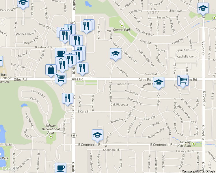 map of restaurants, bars, coffee shops, grocery stores, and more near 1302 Edgewood Boulevard in Papillion