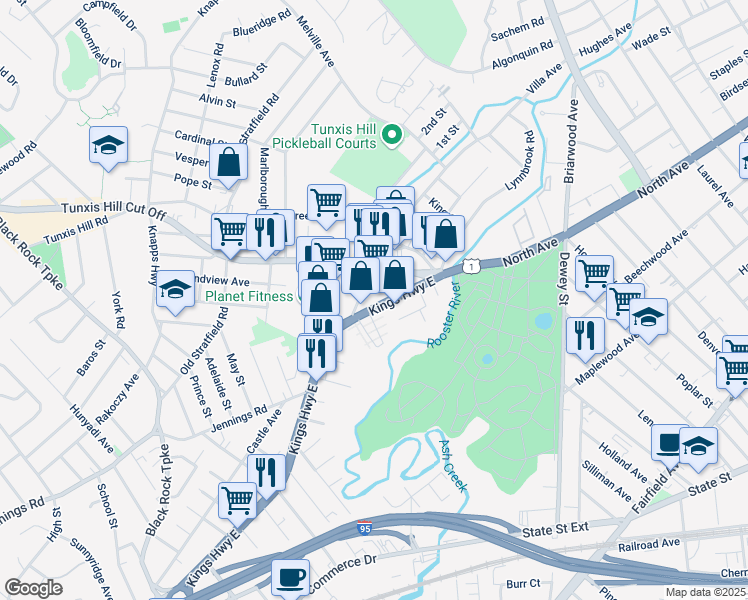 map of restaurants, bars, coffee shops, grocery stores, and more near 278 Kings Highway Cutoff in Fairfield