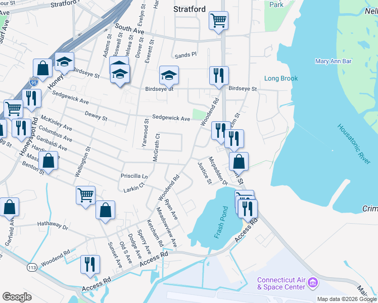 map of restaurants, bars, coffee shops, grocery stores, and more near 24 Mcpadden Drive in Stratford