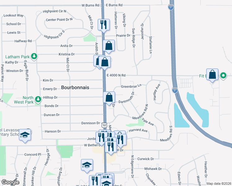 map of restaurants, bars, coffee shops, grocery stores, and more near 1250 North Convent Street in Bourbonnais