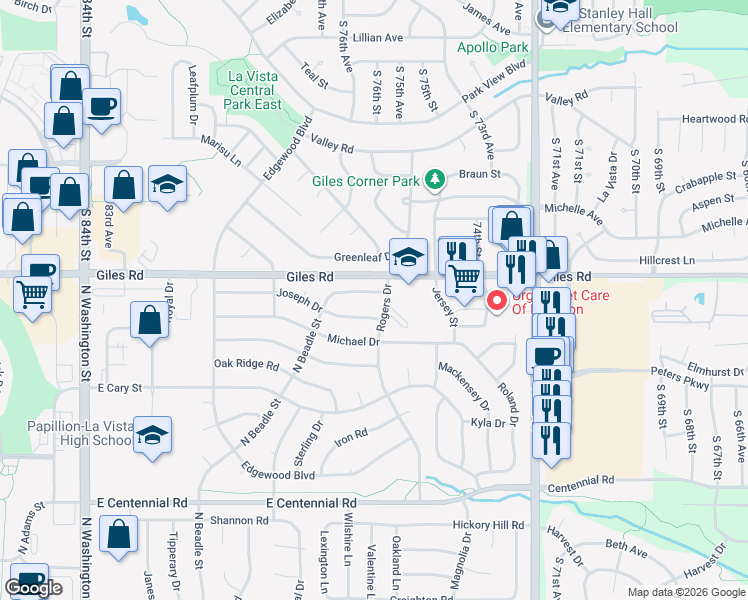 map of restaurants, bars, coffee shops, grocery stores, and more near 916 Joseph Drive in Papillion
