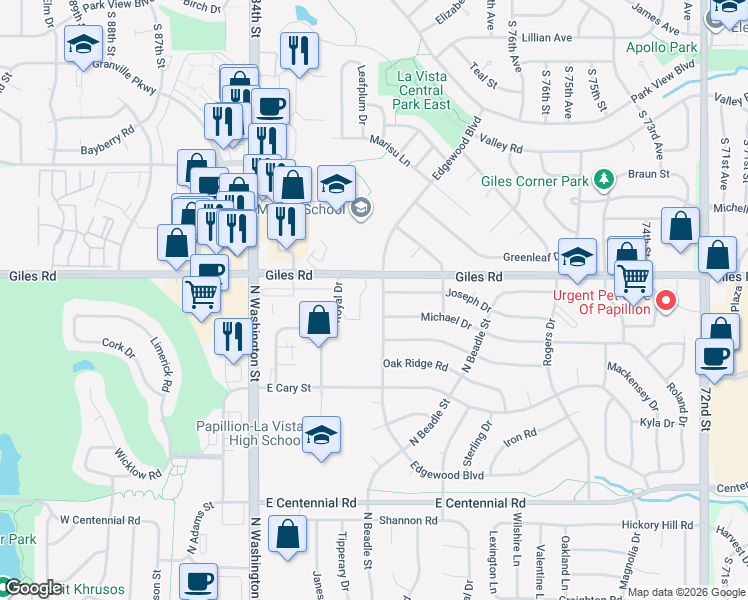 map of restaurants, bars, coffee shops, grocery stores, and more near 1302 Edgewood Boulevard in Papillion