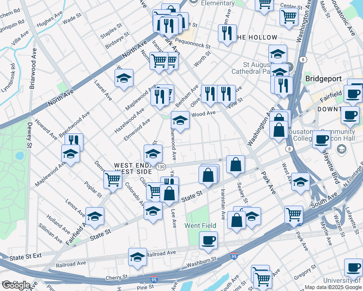 map of restaurants, bars, coffee shops, grocery stores, and more near 300 Laurel Avenue in Bridgeport