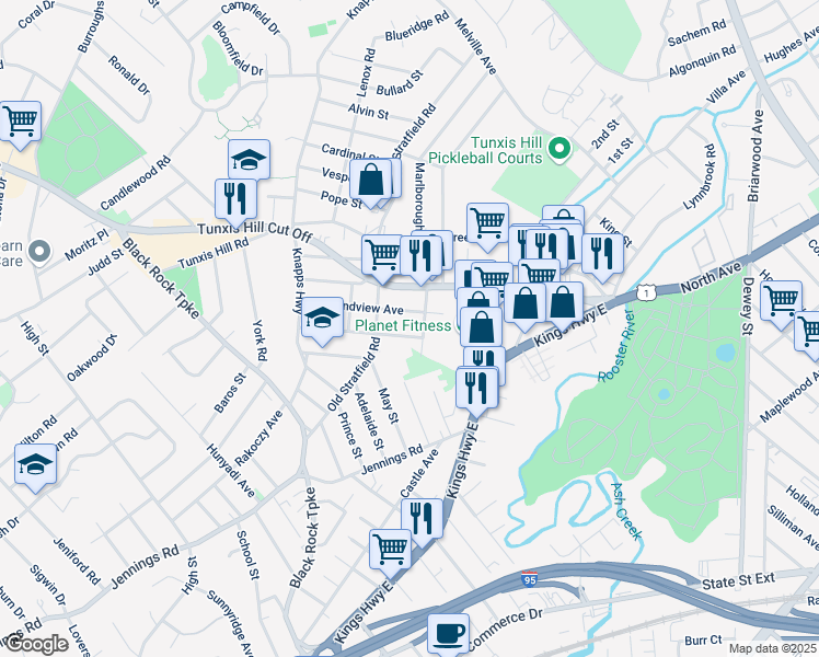 map of restaurants, bars, coffee shops, grocery stores, and more near 23 Sterling Street in Fairfield
