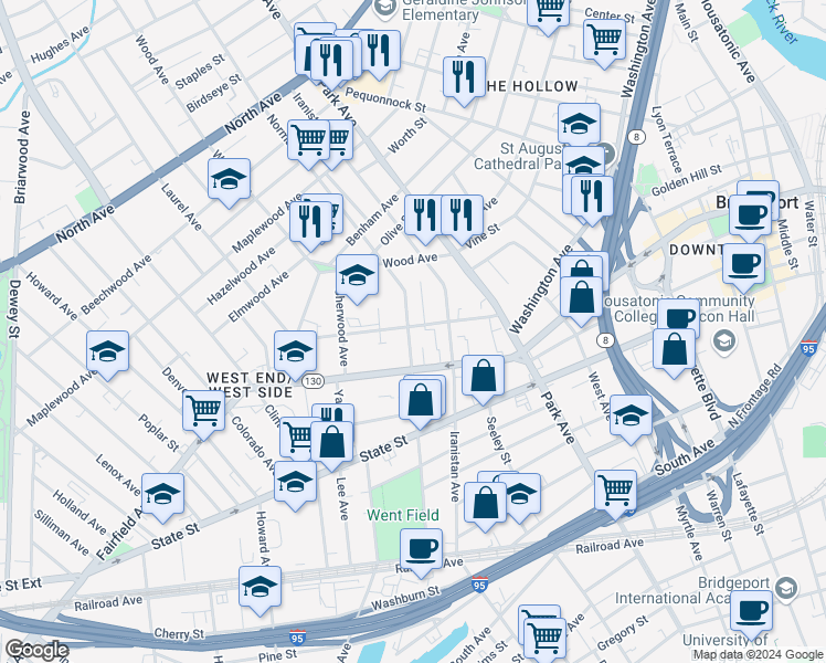 map of restaurants, bars, coffee shops, grocery stores, and more near 478 Norman Street in Bridgeport