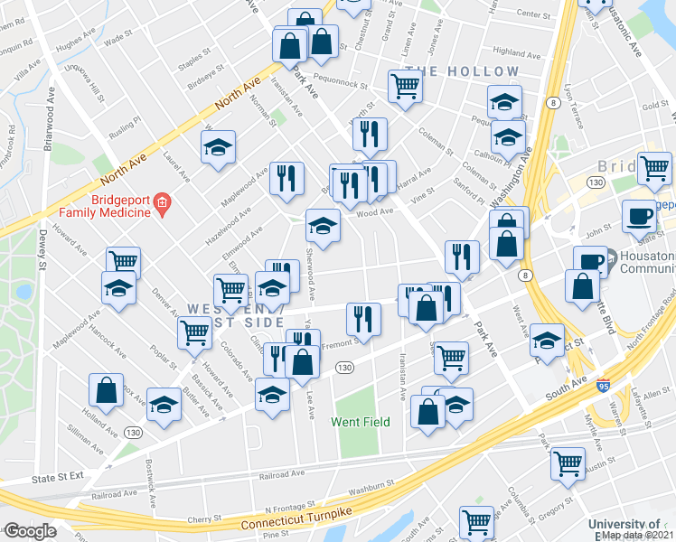 map of restaurants, bars, coffee shops, grocery stores, and more near 200 Laurel Avenue in Bridgeport