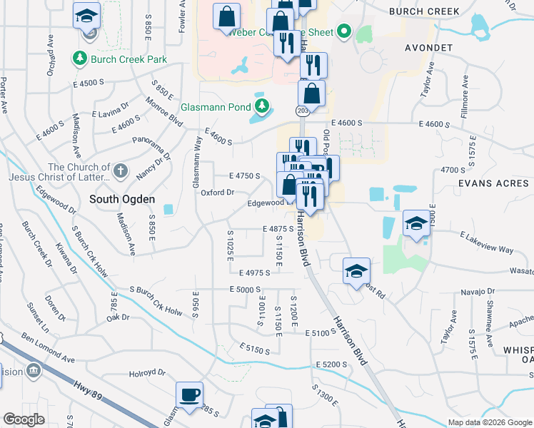 map of restaurants, bars, coffee shops, grocery stores, and more near 4823 Brinker Avenue in Ogden