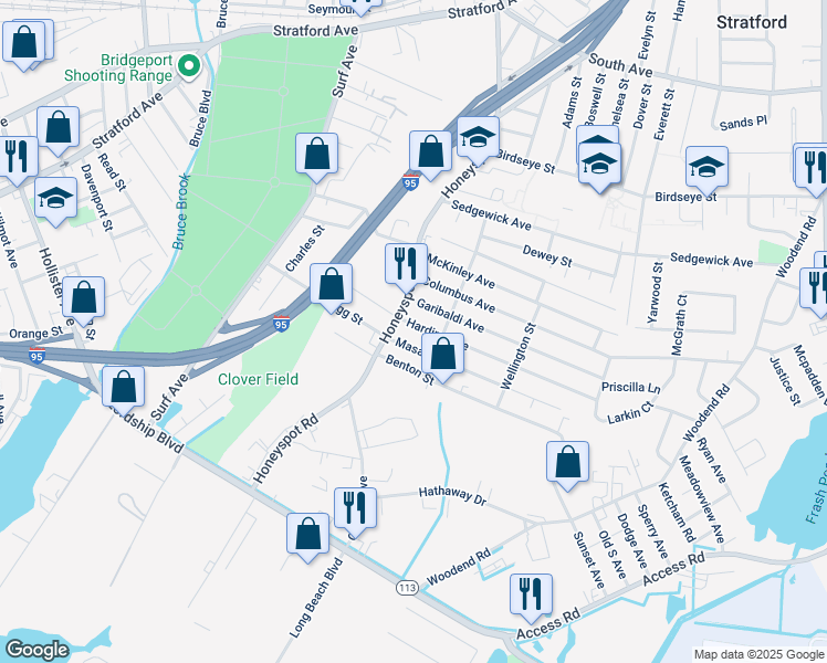 map of restaurants, bars, coffee shops, grocery stores, and more near 68 Masarik Avenue in Stratford