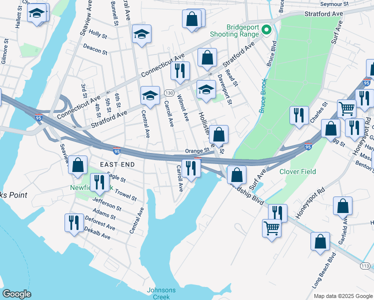 map of restaurants, bars, coffee shops, grocery stores, and more near 200 Carroll Avenue in Bridgeport