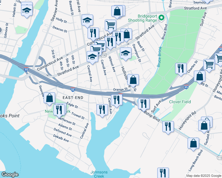 map of restaurants, bars, coffee shops, grocery stores, and more near 200 Carroll Avenue in Bridgeport