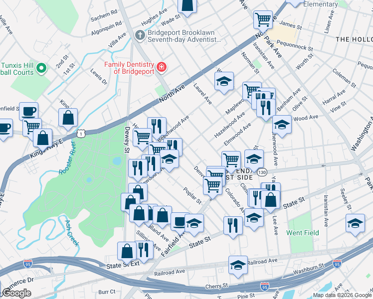 map of restaurants, bars, coffee shops, grocery stores, and more near 225 Denver Avenue in Bridgeport