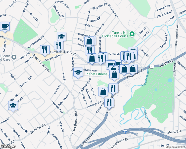 map of restaurants, bars, coffee shops, grocery stores, and more near 612 Old Stratfield Road in Fairfield
