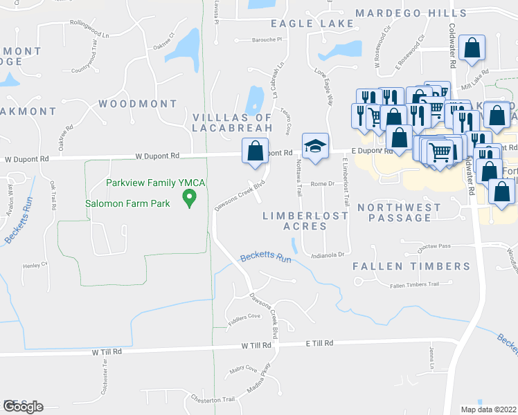 map of restaurants, bars, coffee shops, grocery stores, and more near 10104 Jefferson Way in Fort Wayne
