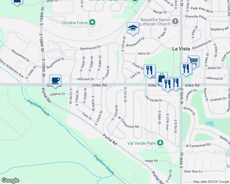 map of restaurants, bars, coffee shops, grocery stores, and more near 8521 South 102nd Street in La Vista