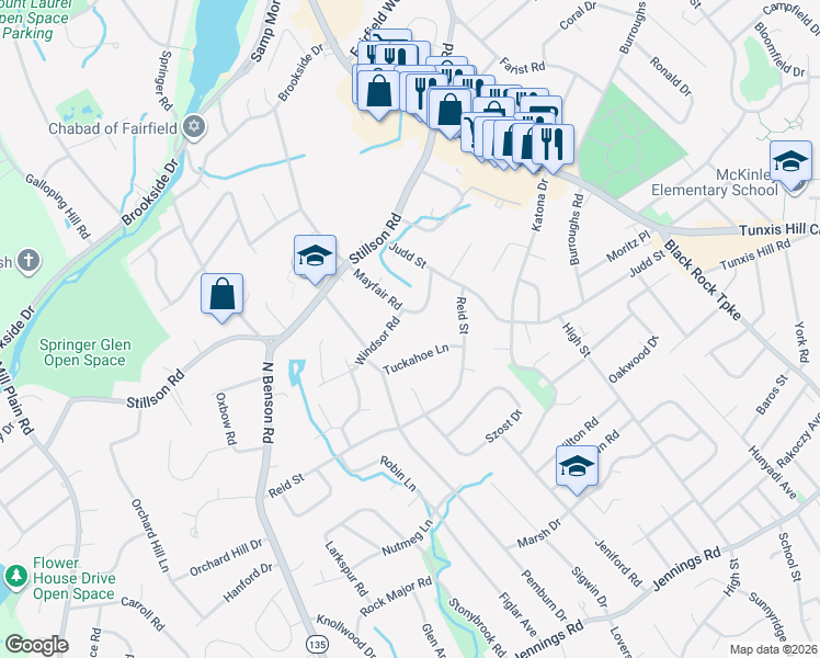 map of restaurants, bars, coffee shops, grocery stores, and more near 102 Tuckahoe Lane in Fairfield