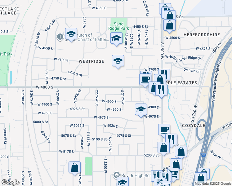 map of restaurants, bars, coffee shops, grocery stores, and more near 2148 West 4850 South in Roy