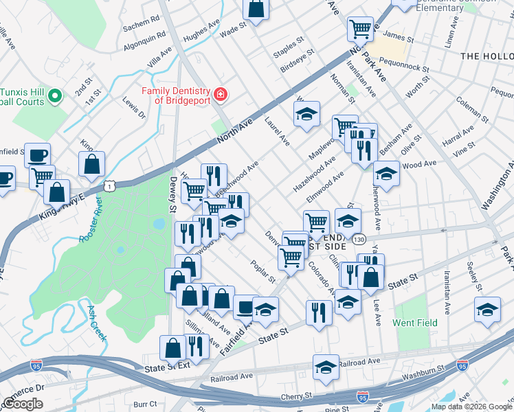 map of restaurants, bars, coffee shops, grocery stores, and more near 225 Denver Avenue in Bridgeport