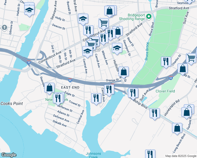 map of restaurants, bars, coffee shops, grocery stores, and more near 200 Carroll Avenue in Bridgeport