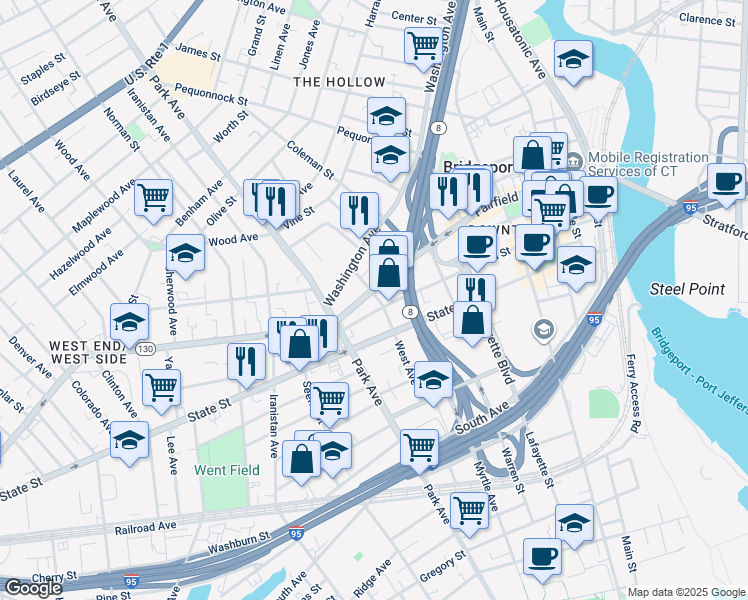 map of restaurants, bars, coffee shops, grocery stores, and more near 585 John Street in Bridgeport