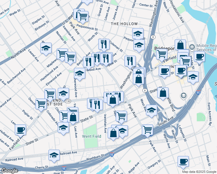 map of restaurants, bars, coffee shops, grocery stores, and more near 784 Fairfield Avenue in Bridgeport