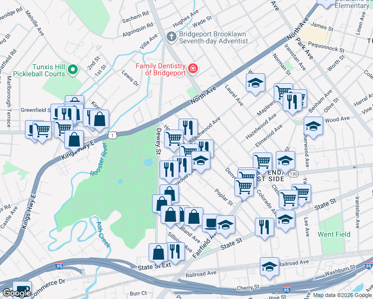 map of restaurants, bars, coffee shops, grocery stores, and more near 343 Poplar Street in Bridgeport