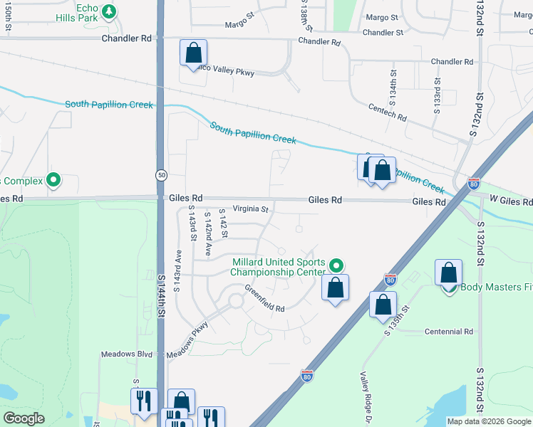 map of restaurants, bars, coffee shops, grocery stores, and more near 13910 Barretts Circle in Omaha