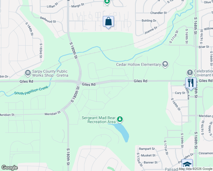 map of restaurants, bars, coffee shops, grocery stores, and more near 17393-17999 West Giles Road in Omaha