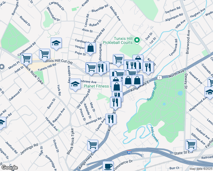 map of restaurants, bars, coffee shops, grocery stores, and more near 123 Beaver Street in Fairfield