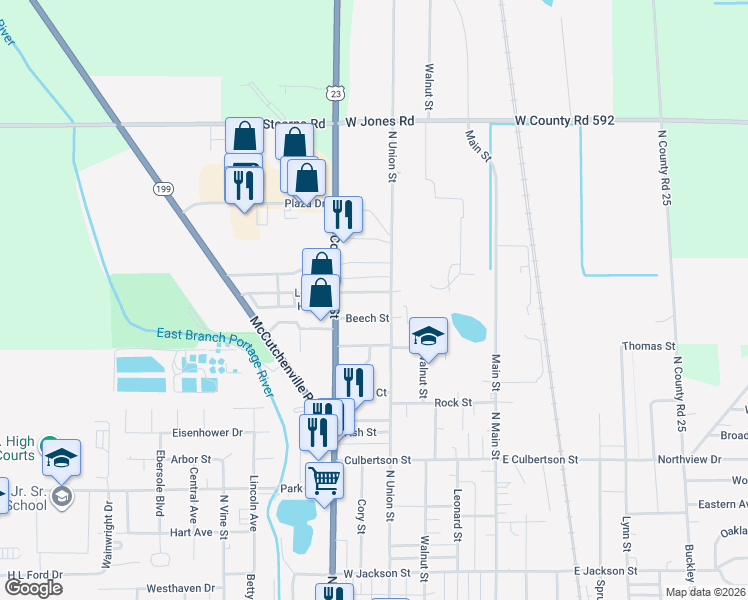 map of restaurants, bars, coffee shops, grocery stores, and more near 401-453 Beech St in Fostoria