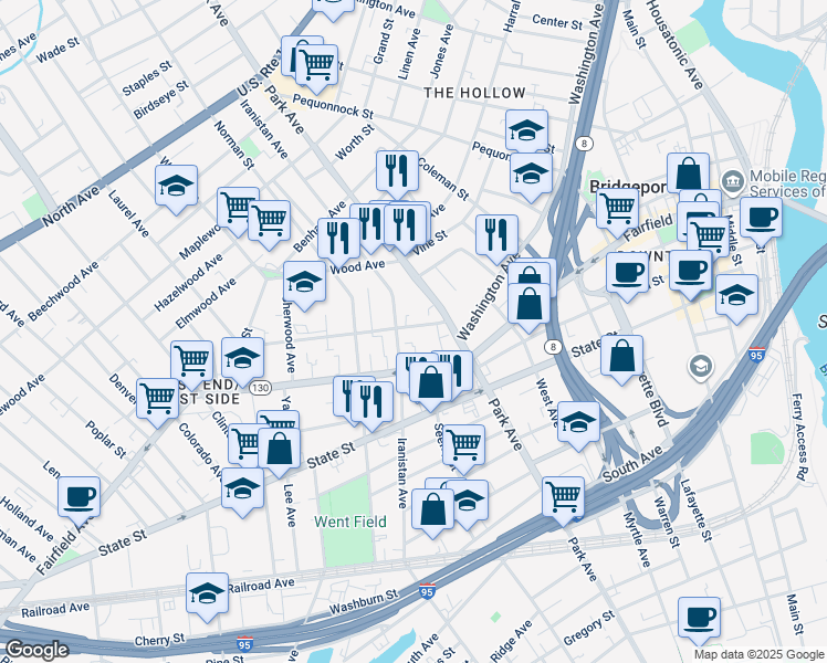 map of restaurants, bars, coffee shops, grocery stores, and more near 784 Fairfield Avenue in Bridgeport