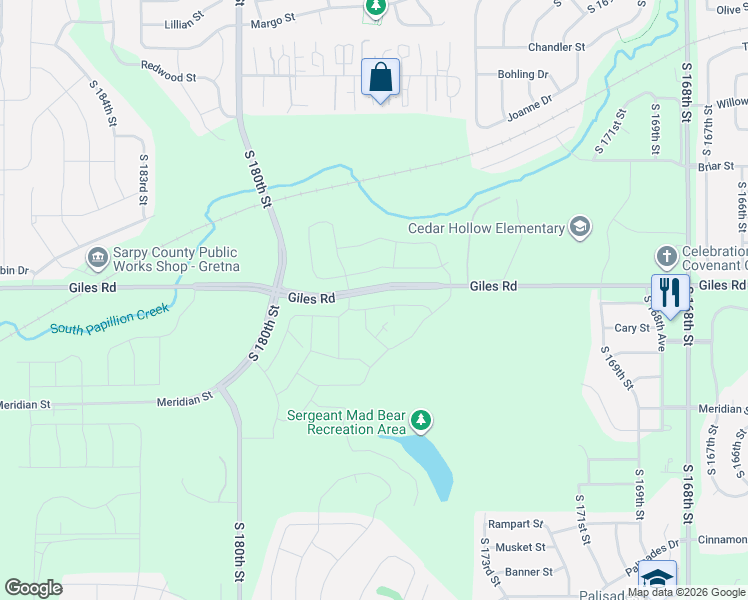 map of restaurants, bars, coffee shops, grocery stores, and more near 17393-17999 West Giles Road in Omaha