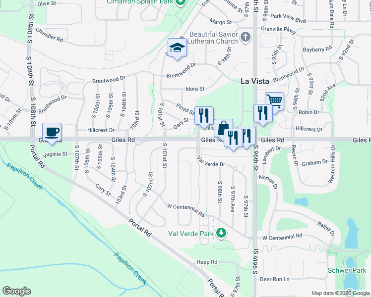 map of restaurants, bars, coffee shops, grocery stores, and more near 8599 South 100th Street in La Vista
