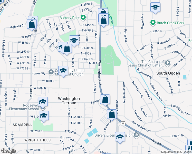 map of restaurants, bars, coffee shops, grocery stores, and more near 391 East 4800 South in Washington Terrace