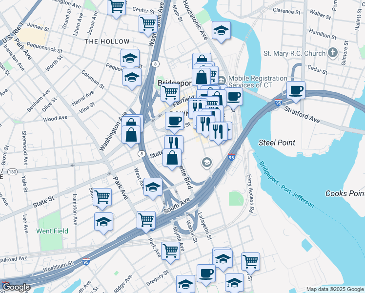 map of restaurants, bars, coffee shops, grocery stores, and more near 333 State Street in Bridgeport