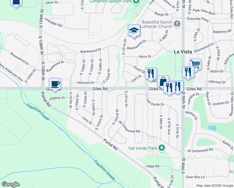 map of restaurants, bars, coffee shops, grocery stores, and more near 8506 South 102nd Street in La Vista