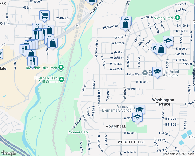 map of restaurants, bars, coffee shops, grocery stores, and more near 4829 South Ridgeline Drive in Ogden
