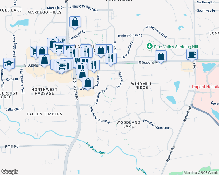 map of restaurants, bars, coffee shops, grocery stores, and more near 10320 Calverton Pass in Fort Wayne