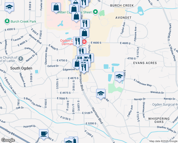 map of restaurants, bars, coffee shops, grocery stores, and more near 4821 Old Post Road in Ogden