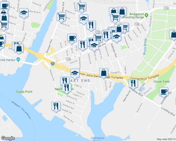 map of restaurants, bars, coffee shops, grocery stores, and more near 533 Central Avenue in Bridgeport